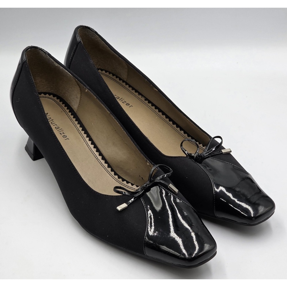 Naturalizer Women's Black Satin Pump w/Patent‎ Heels Trim & Bow Size 10M